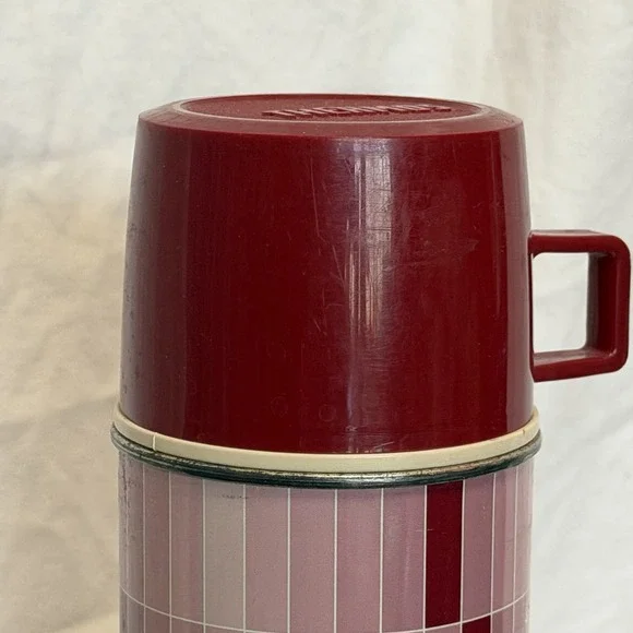 Vintage Metal 1970's Thermos Pink Metal glass w Cup Stopper 722 check plaid - Picture 3 of 9